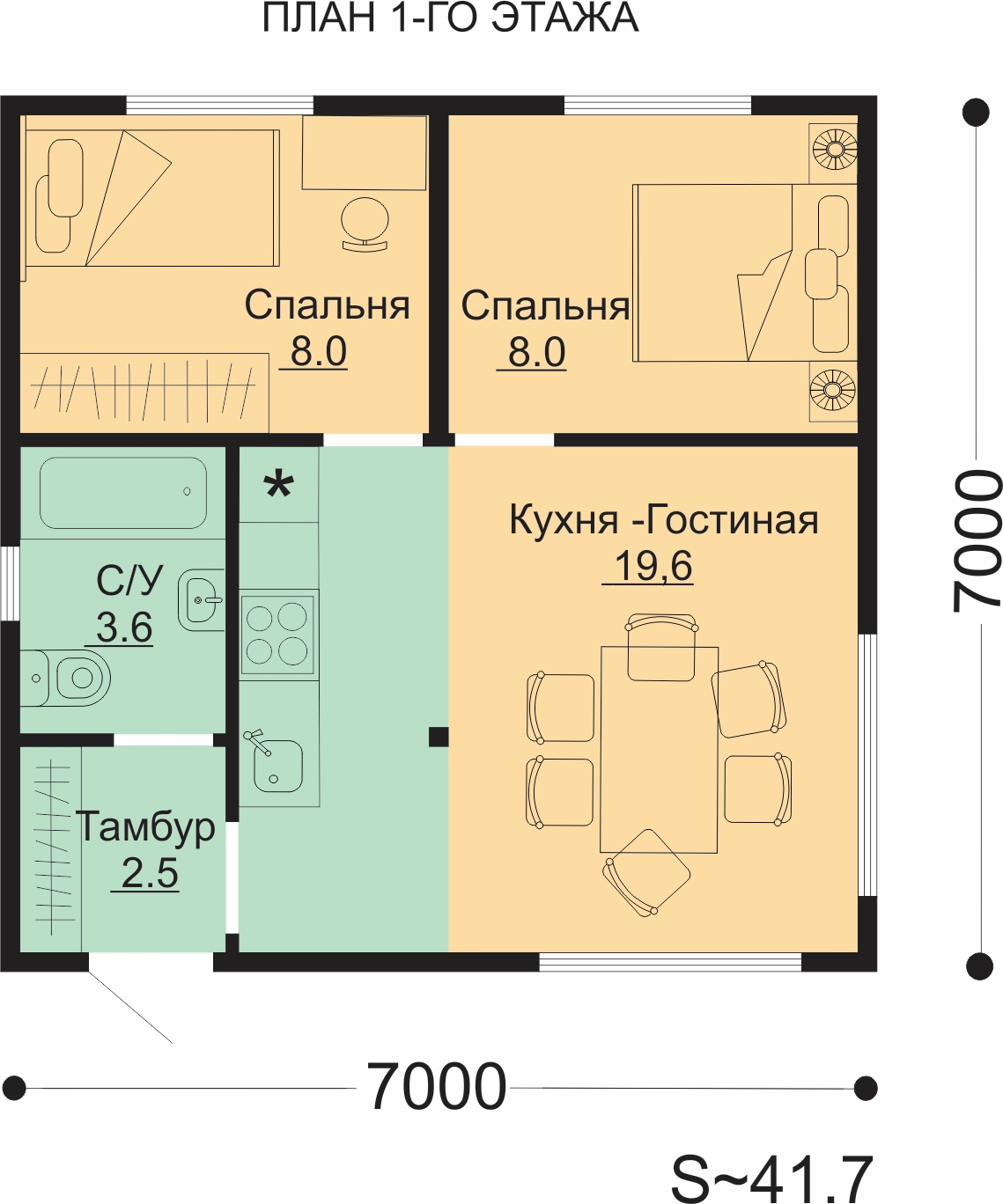 Проект ССК-40 ОВ — дом 7х7 41.7 кв.м. — до 80 кв.м. от ССК-ДОМ